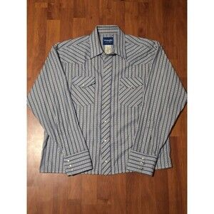 Wrangler Western Pearl Snap Men’s XL Blue Beige Striped Cowboy Rodeo Vintage 90s